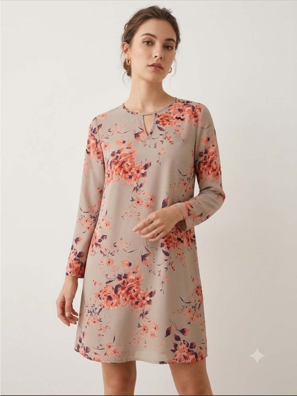 Women's Taupe Floral Long-Sleeve Shift Dress with Keyhole